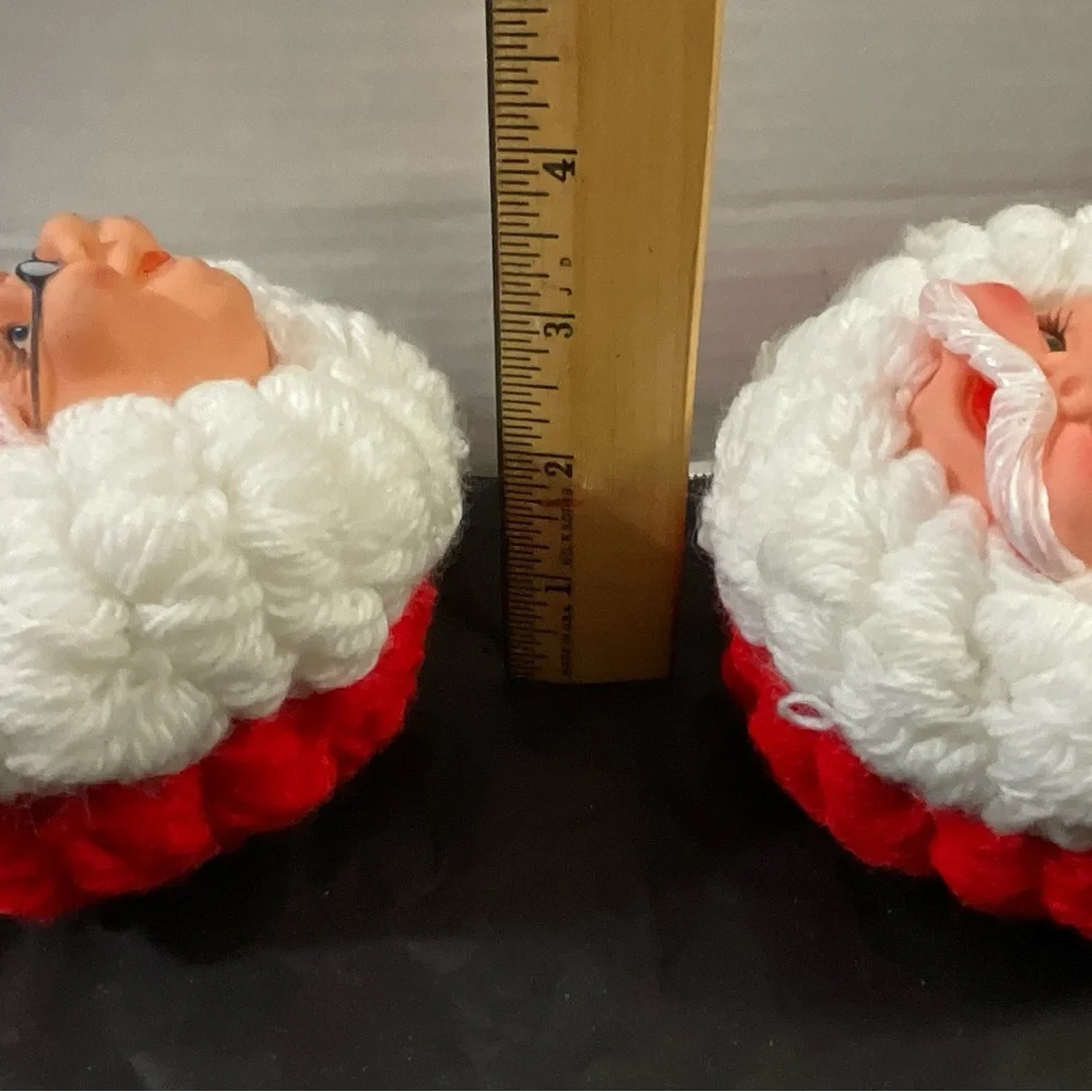 Vintage Set of 2 Handmade Santa and Mrs Claus Yarn Ornaments with Plastic Faces
